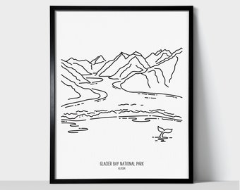 Glacier Bay National Park - Line Art Drawing Unframed Print