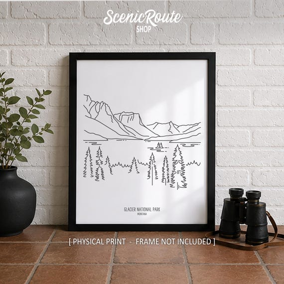 Glacier National Park Line Art Print, Minimalist Black & White