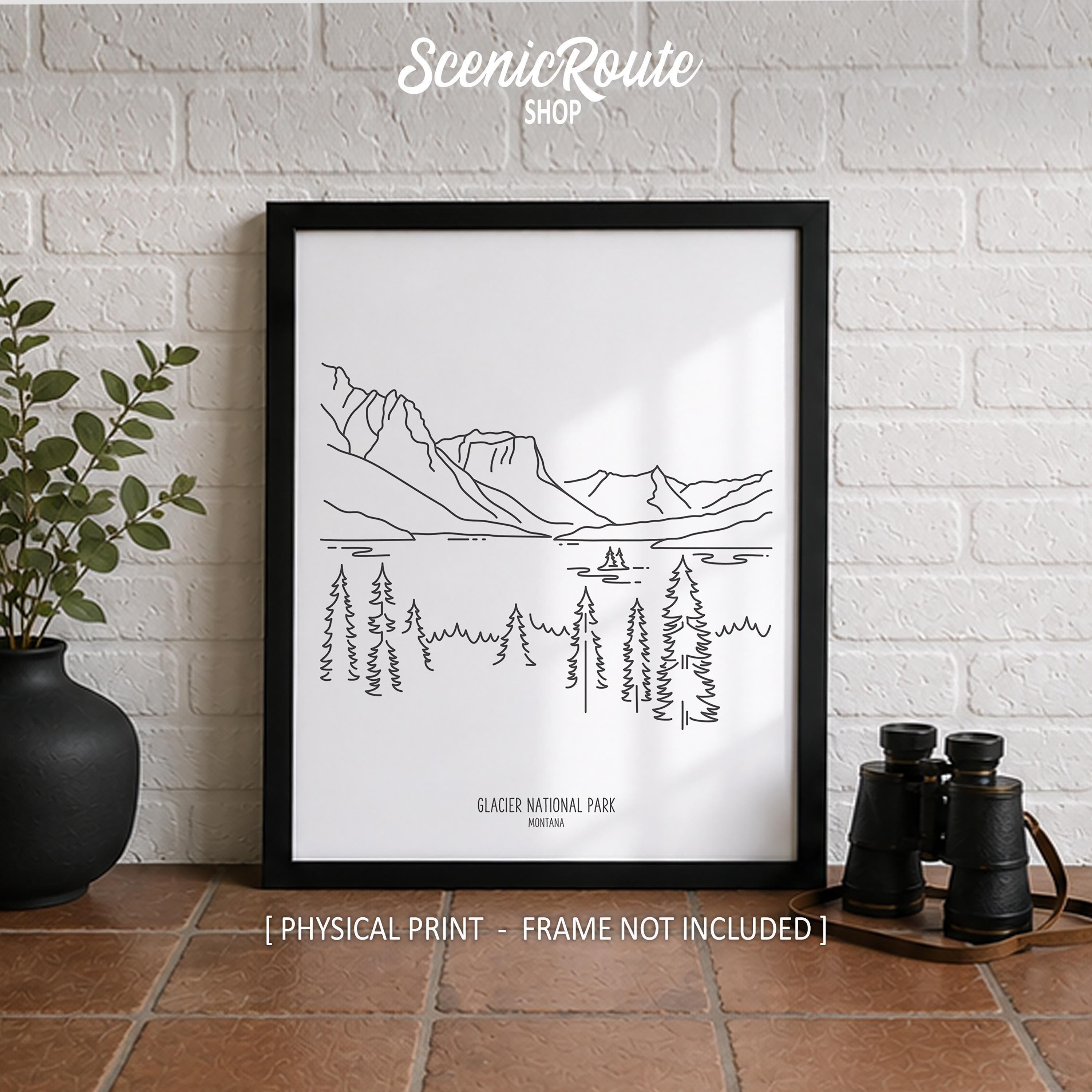 Glacier National Park Line Art Print, Minimalist Black & White