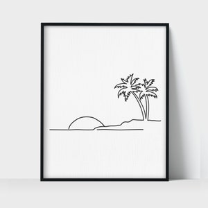 Summer sunset tropical beach line art vector illustration hand drawn  sunset and sunrise outline landscape tropical beach palm tree with sunset  waves Nature view Kids drawing Beach coloring pages 24773277 Vector Art