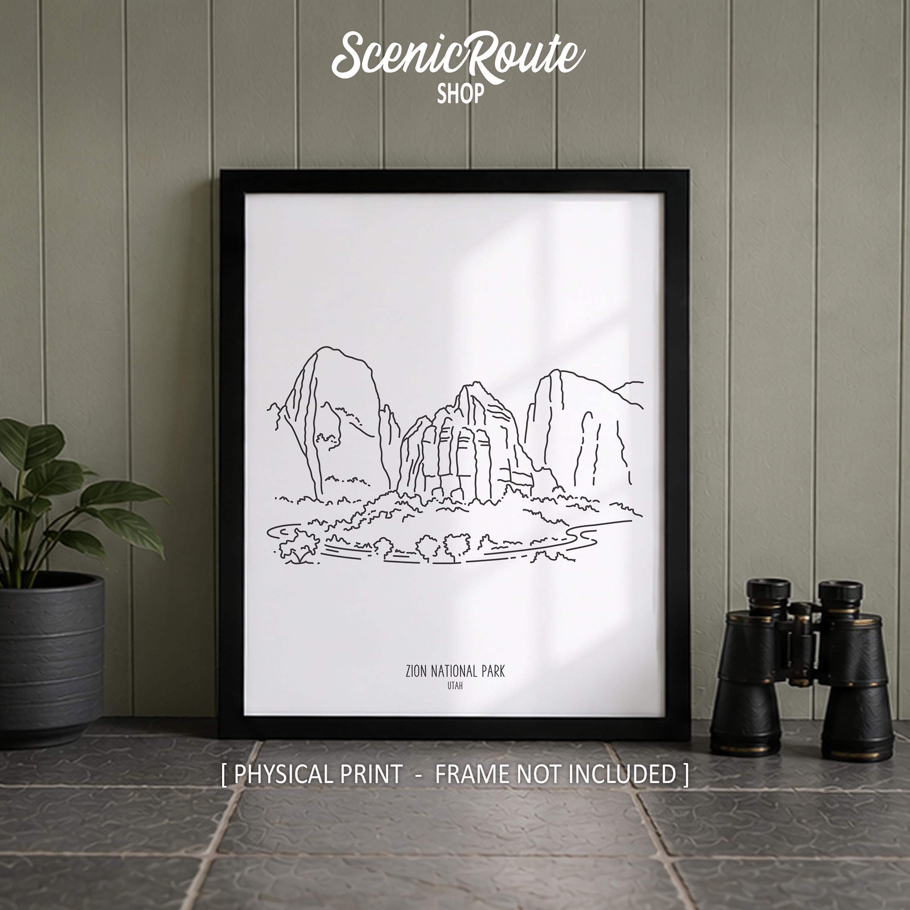 Zion National Park Line Art Print, Minimalist Black & White Utah