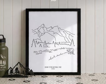 Grand Teton National Park Line Art Print,  Minimalist Black & White Wyoming Travel Poster
