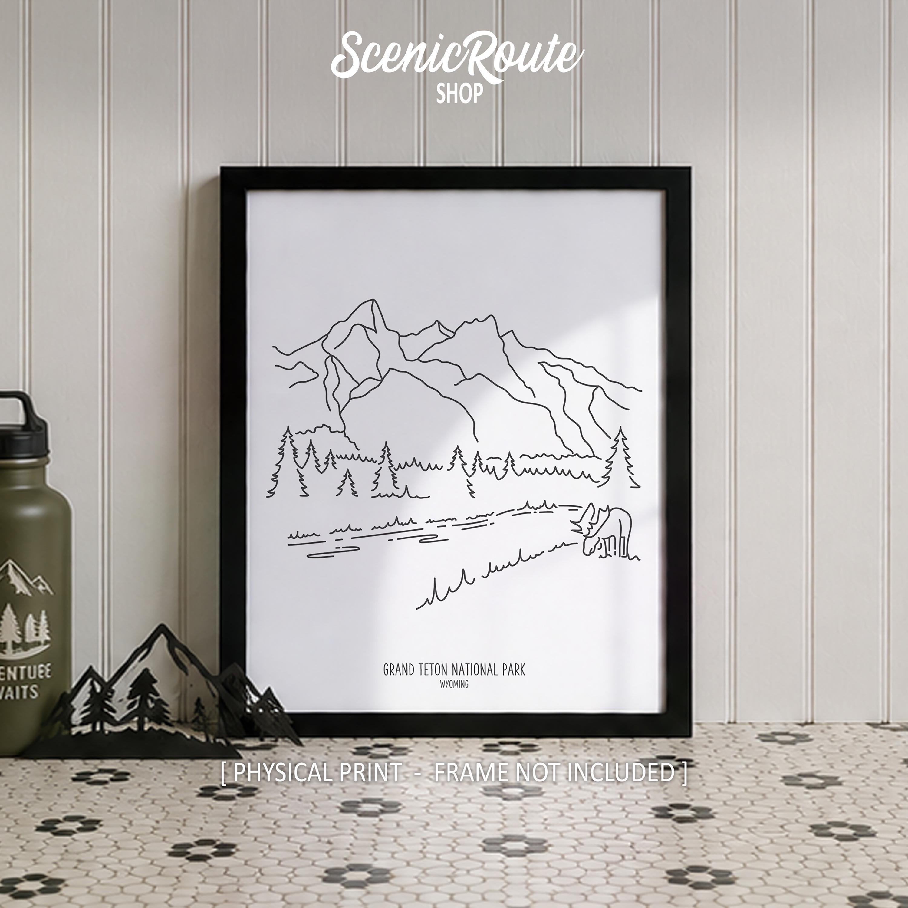 Grand Teton National Park Line Art Print, Minimalist Black & White