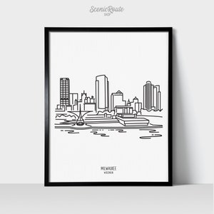 Milwaukee Wisconsin Skyline Wall Art Print | Minimalist Black & White Line Art Drawing | Physical Print Ready to Frame | Travel Décor