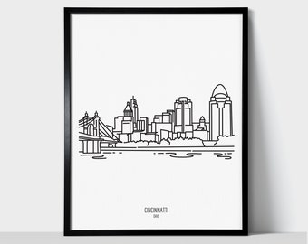 Cincinnati Ohio Skyline Wall Art Print | Minimalist Black & White Line Art Drawing | Physical Print Ready to Frame | Travel Décor