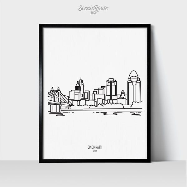 Cincinnati Ohio Skyline Wall Art Print | Minimalist Black & White Line Art Drawing | Physical Print Ready to Frame | Travel Décor