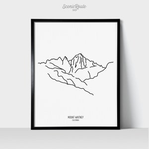 Mount Whitney Mountain California Wall Art Print | Minimalist Black & White Line Art Drawing | Physical Print | Landscape Travel Art