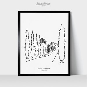 Tuscany Tree Lined Drive Italy Art Print | European Black & White Line Art Drawing | Physical Print | Europe Architecture Travel Décor