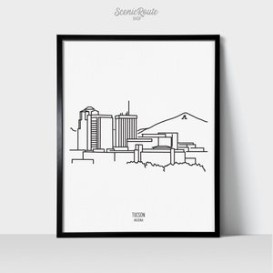 Tucson Arizona Skyline Wall Art Print | Minimalist Black & White Line Art Drawing | Physical Print Ready to Frame | Travel Décor