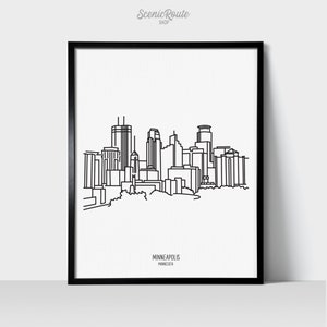 Minneapolis Minnesota Skyline Wall Art Print | Minimalist Black & White Line Art Drawing | Physical Print Ready to Frame | Travel Décor