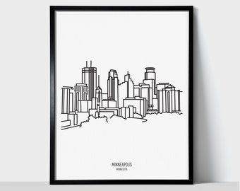 Minneapolis Minnesota Skyline Wall Art Print | Minimalist Black & White Line Art Drawing | Physical Print Ready to Frame | Travel Décor