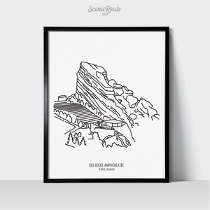 Denver Red Rocks Amphitheatre Art Print | Simple Black & White Line Art Drawing | Physical Print | Colorado Travel Décor | Architecture Art