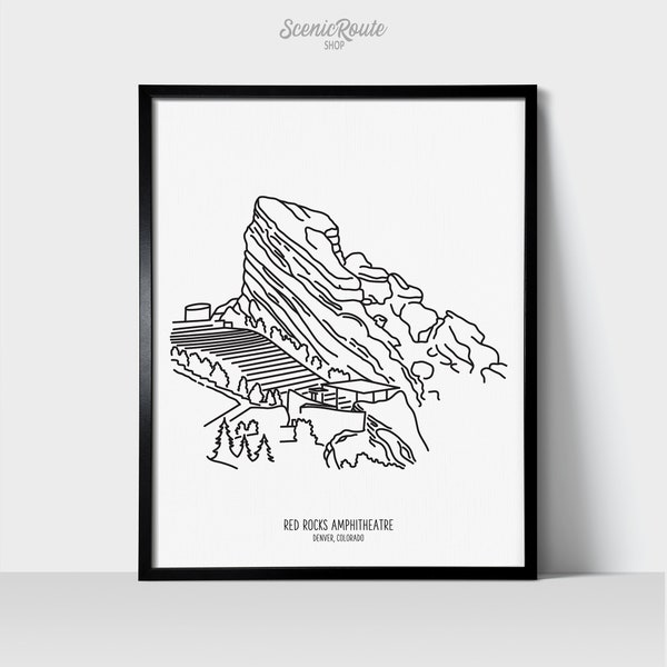 Denver Red Rocks Amphitheatre Line Art Print - Unframed Physical Print | Black & White Minimalist Artwork | Denver Illustration Poster
