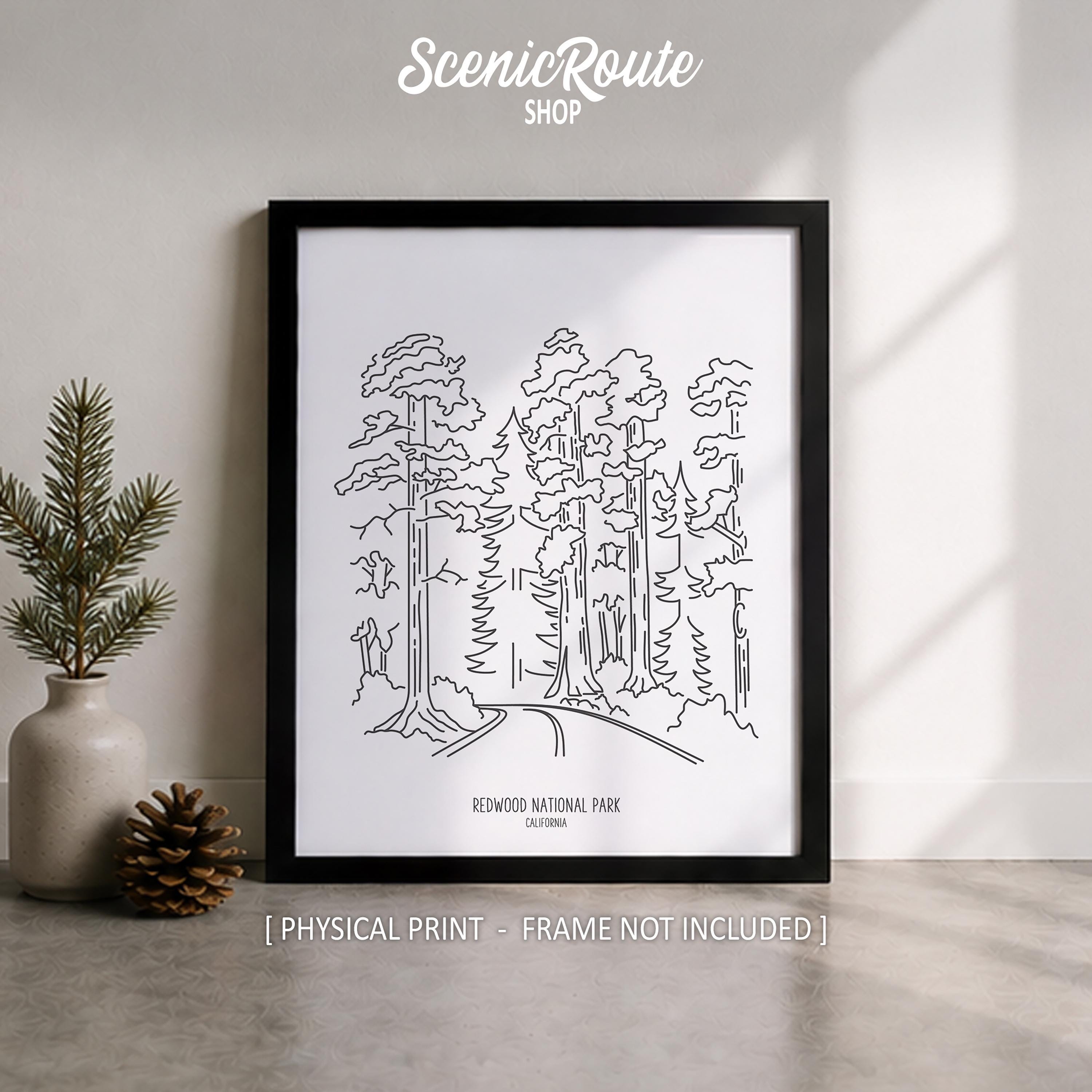 Redwood National Park Line Art Print, Minimalist Black & White