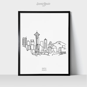 Seattle Washington Skyline Wall Art Print | Minimalist Black & White Line Art Drawing | Physical Print Ready to Frame | Travel Décor
