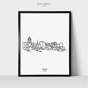 Madison Wisconsin Skyline Wall Art Print | Minimalist Black & White Line Art Drawing | Physical Print Ready to Frame | Travel Décor