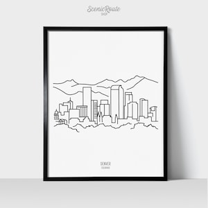 Denver Colorado Skyline Wall Art Print | Minimalist Black & White Line Art Drawing | Physical Print Ready to Frame | Travel Décor