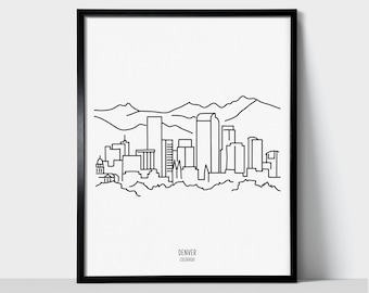 Denver Colorado Skyline Wall Art Print | Minimalist Black & White Line Art Drawing | Physical Print Ready to Frame | Travel Décor
