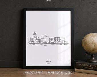 Madison Wisconsin Skyline Line Art Print,  Minimalist Black & White Travel Drawing