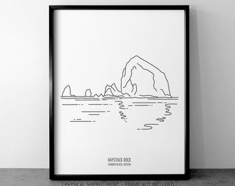 Impresión artística de Haystack Rock, Oregón: Arte lineal minimalista, noroeste del Pacífico