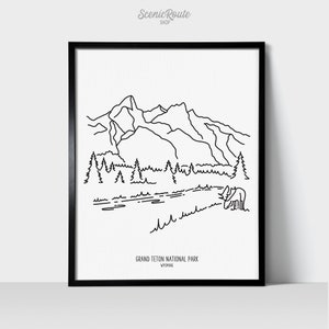 Grand Teton National Park - Line Art Drawing Unframed Print