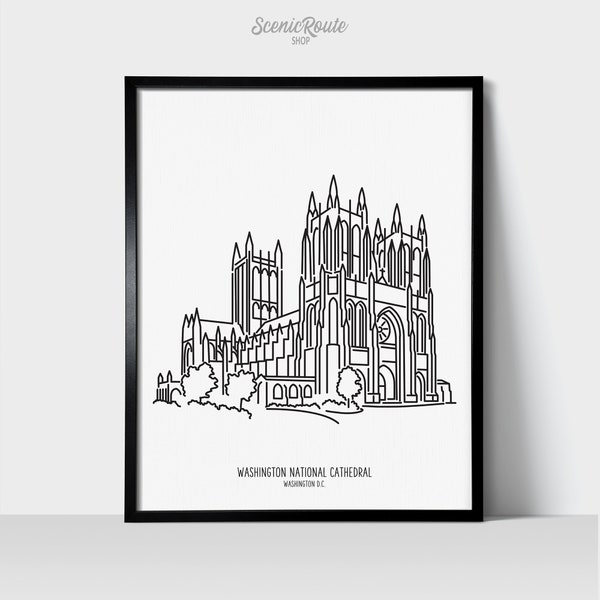 National Cathedral Washington DC Art Print | Minimalist Black & White Line Art Drawing | Physical Print | Travel Décor | Architecture Art