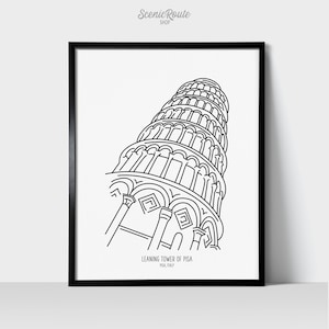 Leaning Tower of Pisa Italy Art Print | Minimalist Black & White Line Art Drawing | Europe Travel Décor | Europe Italian Architecture Art