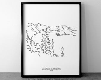 Crater Lake National Park Drawing Art Print: Oregon Minimalist Line Art, Travel Home Decor
