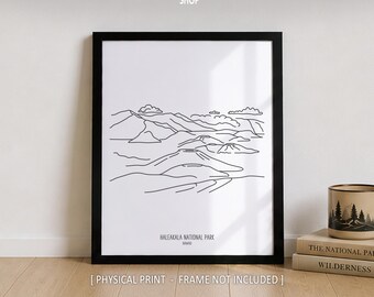 Haleakala National Park Line Art Print,  Minimalist Black & White Hawaii Travel Poster