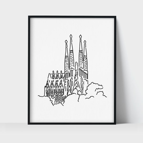 Sagrada Familia Church Barcelona Spain Art Print | Minimalist Black & White Line Art Drawing | Physical Print | Europe Travel Art Souvenir