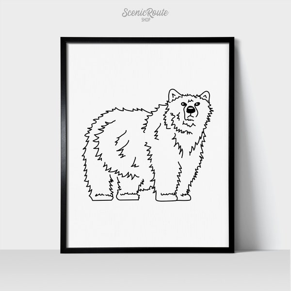 Wildlife Grizzly Brown Bear - Animal Line Art Drawing Unframed Print