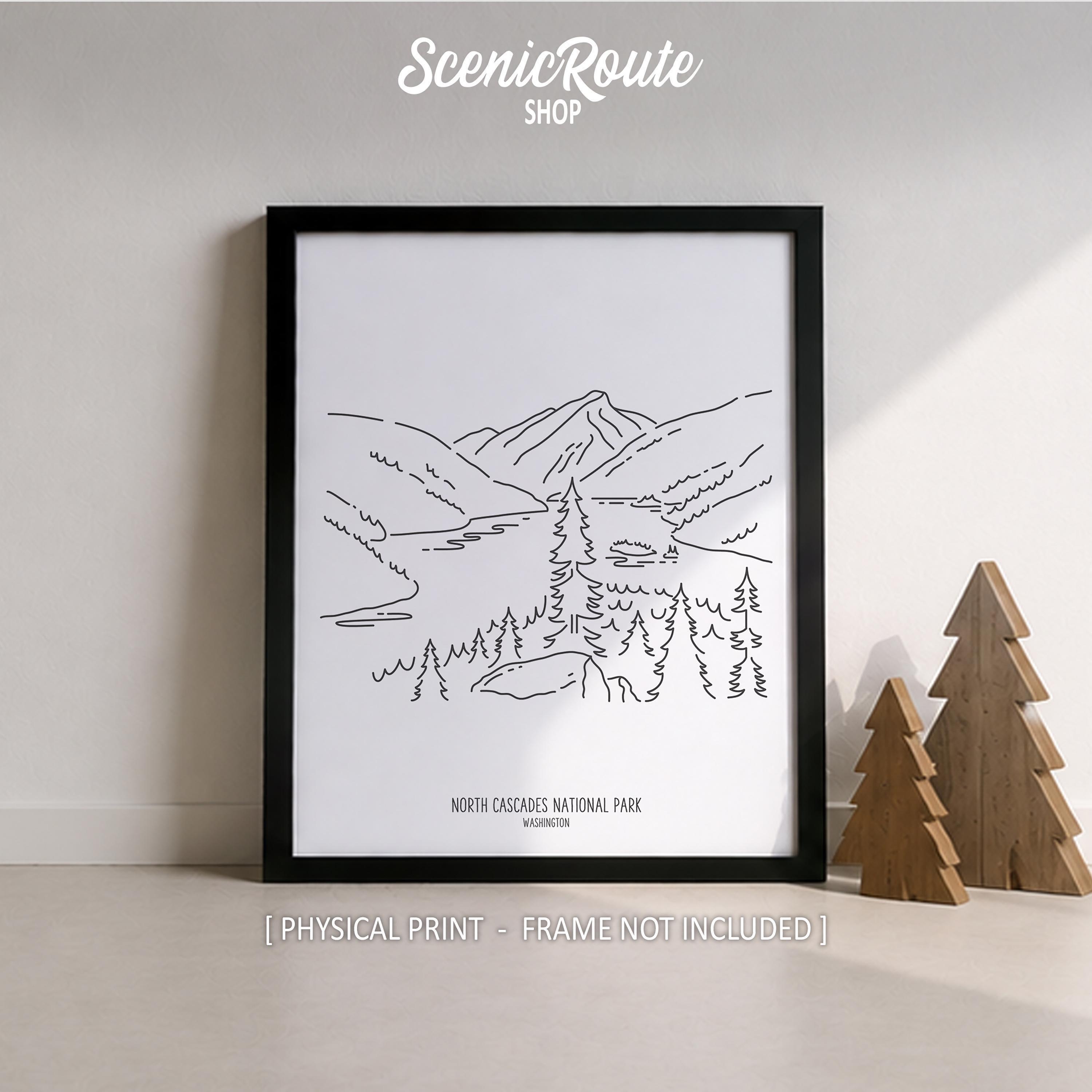North Cascades National Park Line Art Print, Minimalist Black