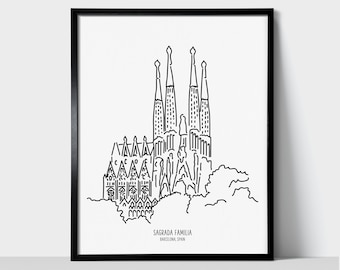 Église de la Sagrada Familia Barcelone Espagne impression d'art | Dessin au trait noir et blanc minimaliste | Impression physique | Souvenir d'art de voyage en Europe