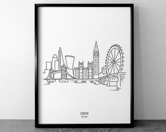 London Skyline Drawing Art Print: England Minimalist Line Art, Modern Travel Home Décor