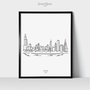 Chicago Illinois Skyline Wall Art Print | Minimalist Black & White Line Art Drawing | Physical Print Ready to Frame | Travel Décor