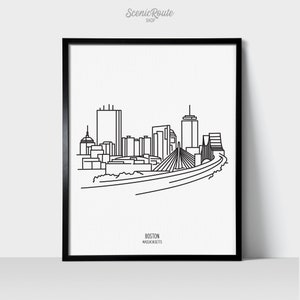 Boston Massachusetts Skyline Wall Art Print | Minimalist Black & White Line Art Drawing | Physical Print Ready to Frame | Travel Décor