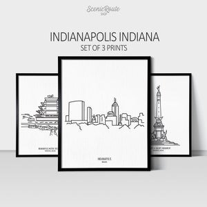 Indianapolis Indiana Collection - Set of 3 Art Bundle - Line Art Drawing Unframed Print