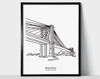 Brooklyn Bridge New York City Art Print | Black & White Line Art Drawing | Physical Print | New York Travel Art Print | NYC Souvenir Gift