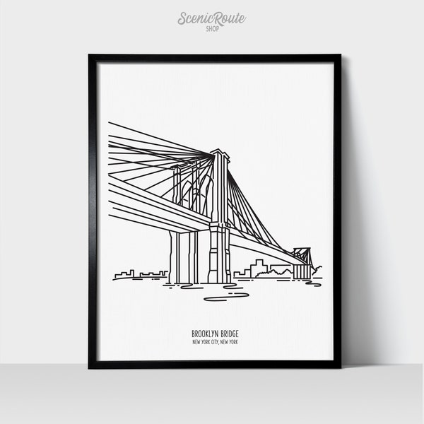 Brooklyn Bridge New York City Art Print | Black & White Line Art Drawing | Physical Print | New York Travel Art Print | NYC Souvenir Gift