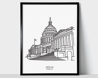 Washington DC Capitol Building Art Print | Architecture Black & White Line Art Drawing | Physical Print | Washington DC Skyline Art Print