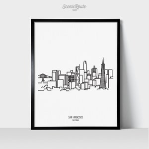 San Francisco California Skyline Wall Art Print | Minimalist Black & White Line Art Drawing | Physical Print Ready to Frame | Travel Décor