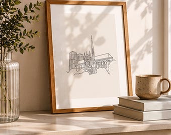 Notre Dame Cathedral Line Art Print, Minimalist Black & White