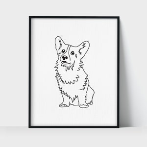 Corgi Dog Wall Art Print | Minimalist Black & White Line Art Drawing | Physical Print Ready to Frame | Pet Portrait | Pet Memorial