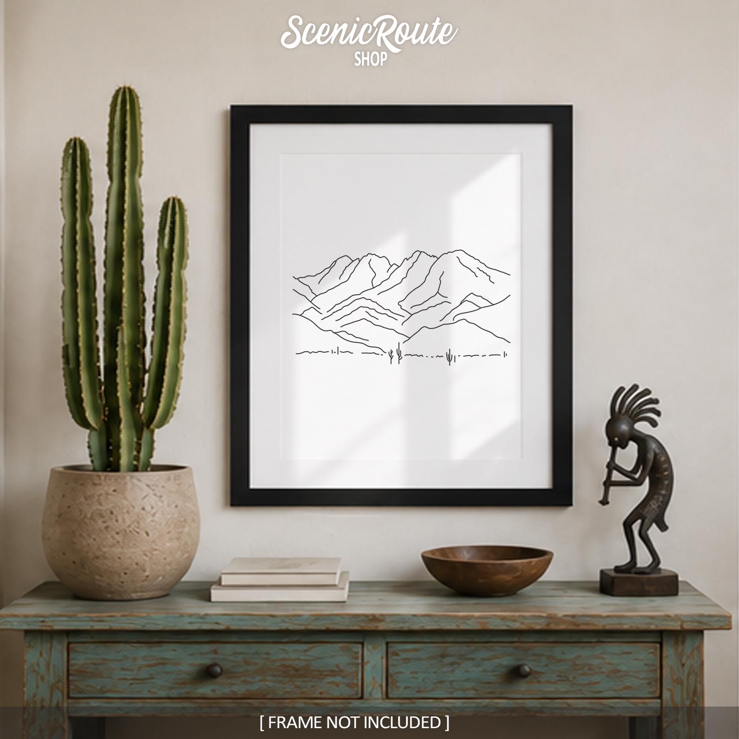 Four Peaks Line Art Print, Minimalist Black & White Arizona