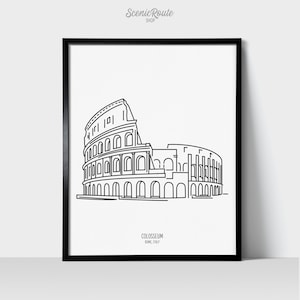 Colosseum Rome Italy Art Print | Minimalist Black & White Line Art Drawing | Physical Print | Europe Travel Décor | European Architecture