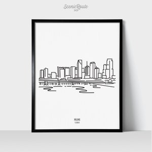 Miami Florida Skyline Wall Art Print | Minimalist Black & White Line Art Drawing | Physical Print Ready to Frame | Travel Décor