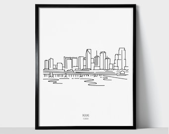 Miami Florida Skyline Wall Art Print | Minimalist Black & White Line Art Drawing | Physical Print Ready to Frame | Travel Décor