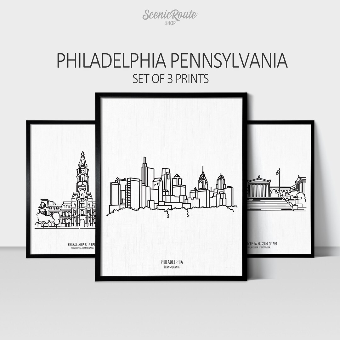 Philadelphia Pennsylvania Collection Set of 3 Line Art Prints Unframed
