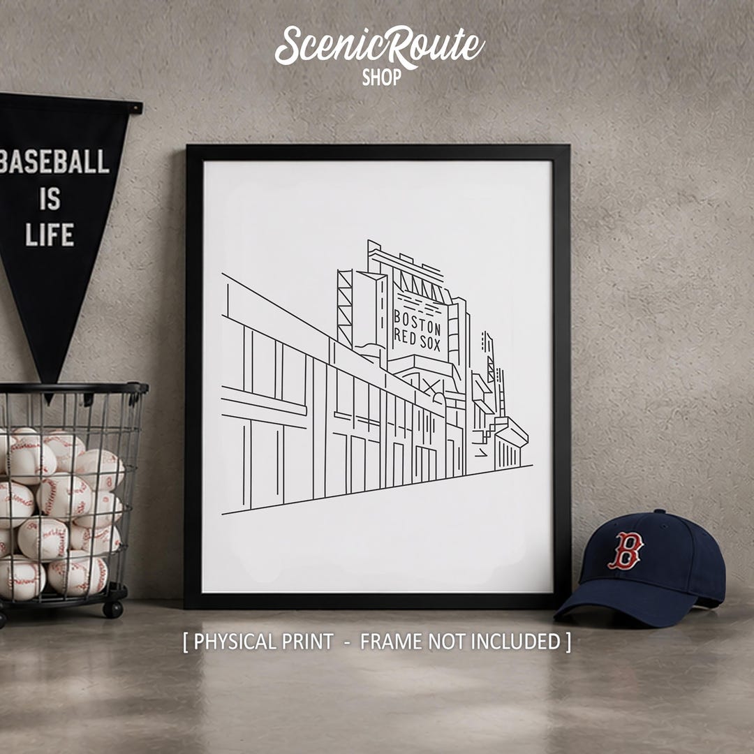 Boston Fenway Park Line Art Print, Minimalist Black & White MLB