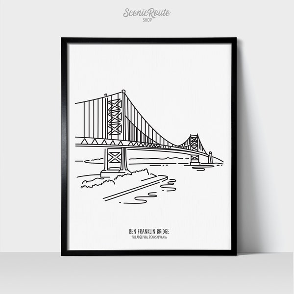 Philadelphia Benjamin Franklin Bridge Art Print | Minimalist Black & White Line Art Drawing | Physical Print | Pennsylvania Travel Décor